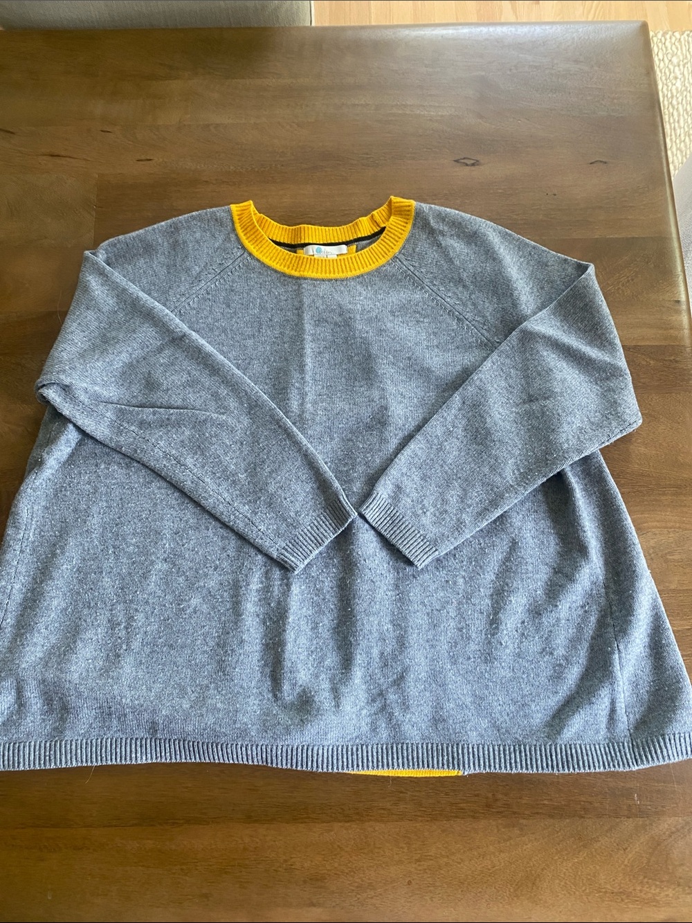 Boden Gray Swing Sweater with Yellow Back Pleat and Crewneck Trim
